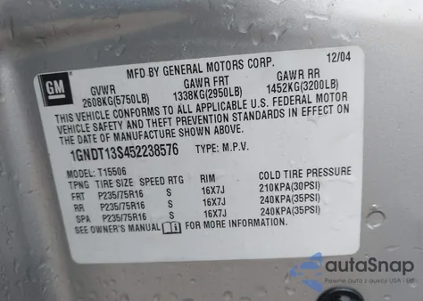 2005 Chevrolet Trailblazer Ls z USA, uszkodzony, nr VIN 1GNDT13S452238576